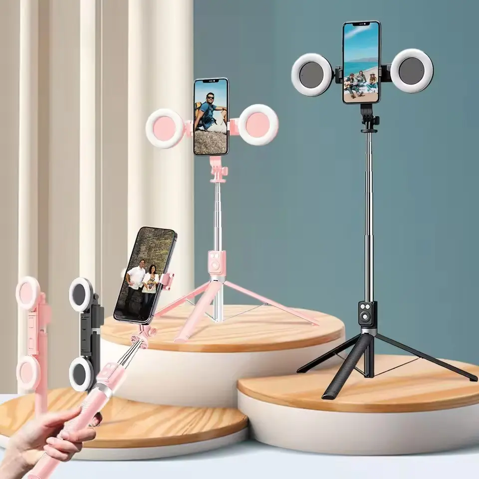 Selfie Stick with Dual Beauty Lights, 360° Rotatable Extendable Phone Tripod, Portable Selfie Stick, Bluetooth-compatible Remote Compatible, Live Streaming Accessory