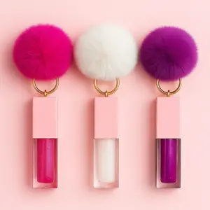 Hydrating Keychain Lip Oil with Fluffy PomPom-Non-Sticky, Moisturizing, 5mL, Travel-Friendly, Cute Lip care Accessory
