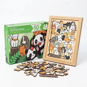Fun Animal Wooden Jigsaw Puzzles with Photo Frame,50 Pieces Unique Pet Unique Shape Puzzle Educational Toys , Christmas Gifts for Adults Kids