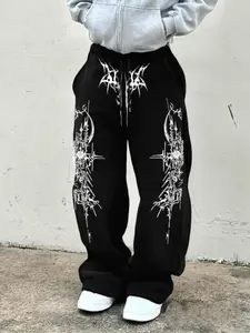 Women's Y2K style waist drawstring pocket wide-leg straight sweatpants, punk gothic print badass college style back to school commuter casual sweatpants autumn women's wear