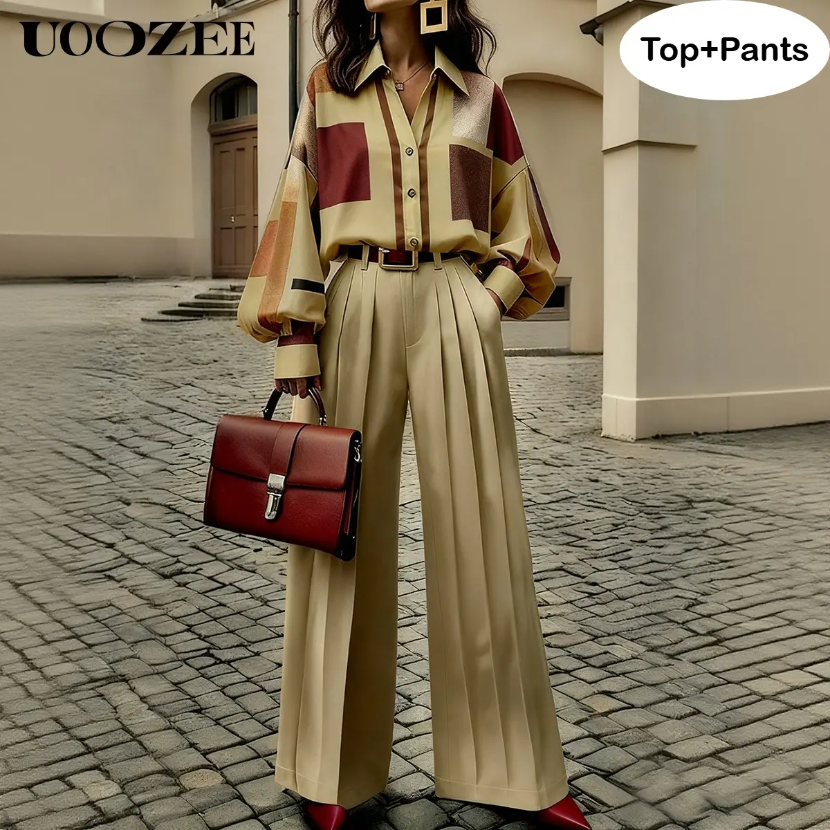 UOOZEE Women's Polyester 2-Piece Clothing Set - Chic Vintage English Contrast Plaid Lapel Oversized Long Puffy Sleeve Drape Button Blouse & Wide Leg Pants, Smooth No-Belt Fabric Outfit for Office, Casual; Pair with Earrings, Bag, Leggings, Turtleneck, Clo