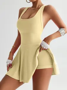 Set of 5 women’s seamless crisscross back high-waist waist-cinching tennis dresses with jacquard trim lining and anti-exposure design—ideal for fitness, yoga, and casual wear