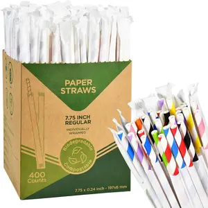 Individually Wrapped Disposable Paper Drinking Straws 7.75'' x 0.24'' - Colorful Stripes [400 Counts] -