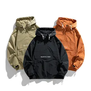 Men's Street Style Half Zip Hoodie Jacket with "BELIEVE ALL THINGS" Print Loose Fit Casual Trendy Coat in Black Khaki & Orange – Versatile Windbreaker for Beach City Explorations