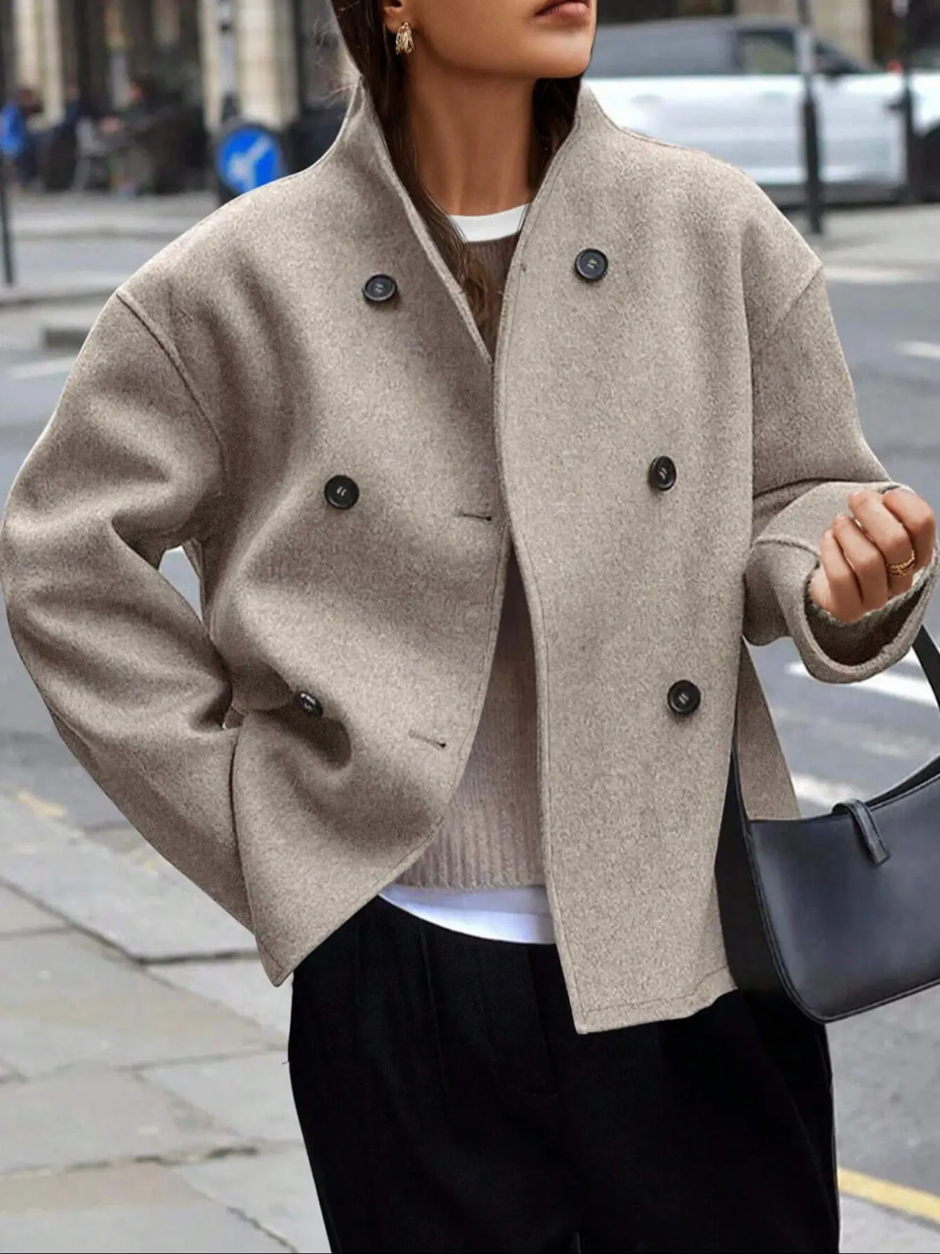 Women's Short Woven Coat, Basic Thick Fabric Casual Loose-Fit Long Sleeve Jacket for Fall & Winter Seasons, Stylish Daily Wear Outerwear, Womenswear