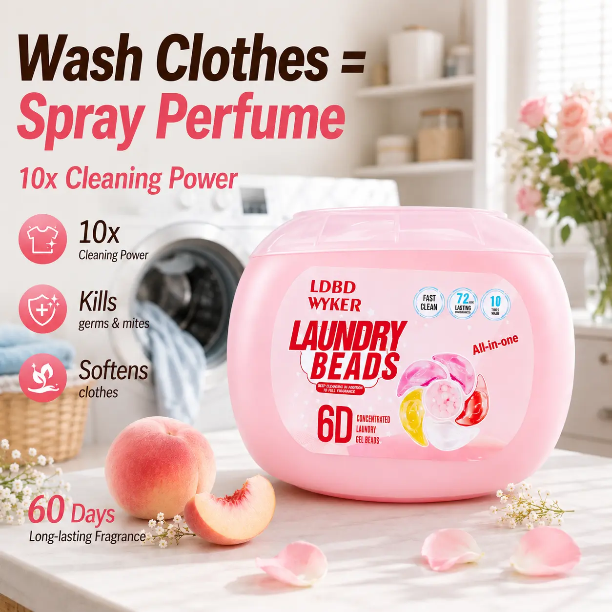 LDBD WYKER 6-in-1 Concentrated Laundry Pods, Peach & Floral Fragrance Detergent Beads, Super Cleaning Power, Soft Fresh Scent, Household All-in-1 Cleaner, Concentrated Laundry Detergent