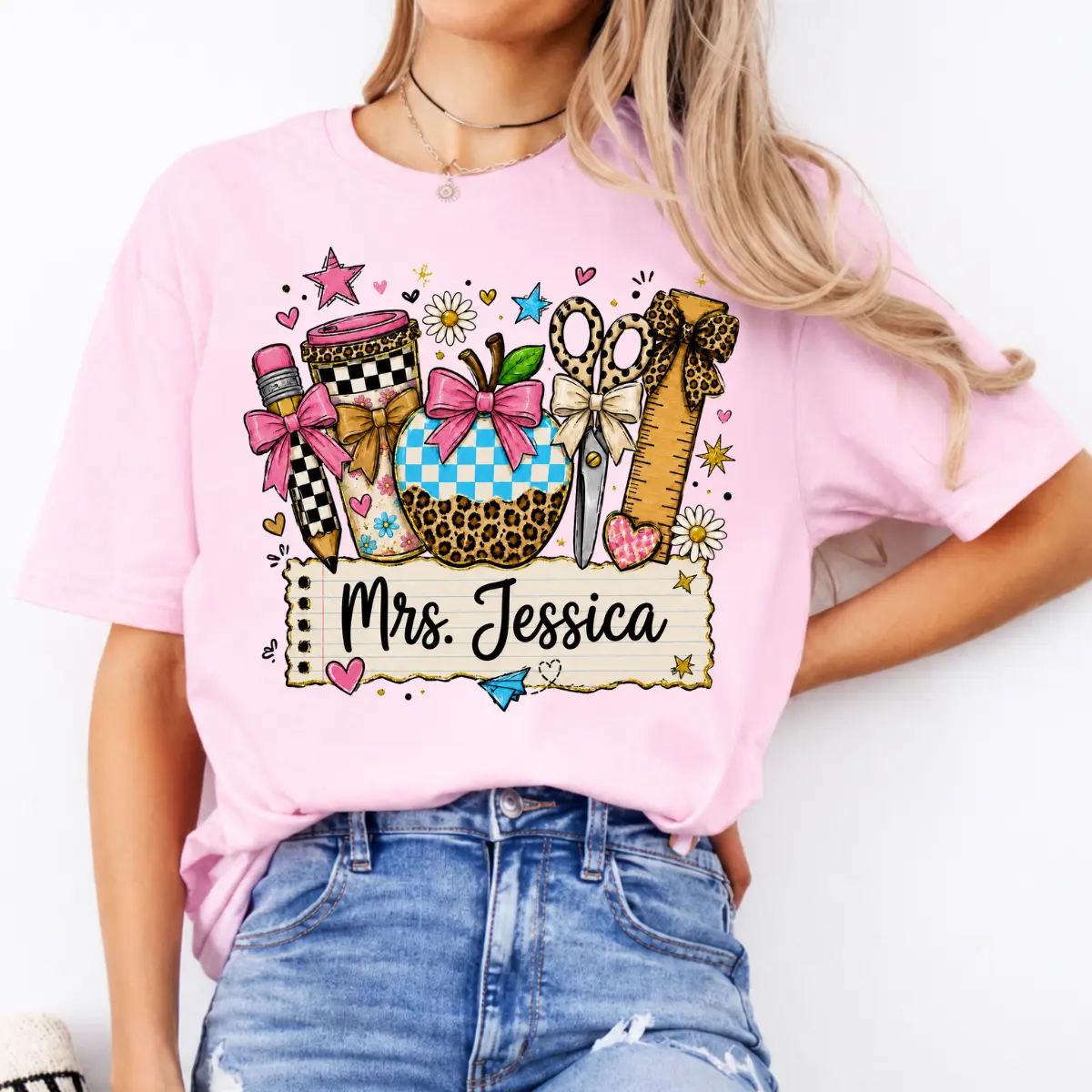 Teacher Custom Shirt, Personalized Teacher Name T-Shirt, Cute School Supplies Graphic Tee, Coquette Apple Pencil Back to School Shirt, Kindergarten Preschool Elementary Teacher Gift -BABINO HOUSE