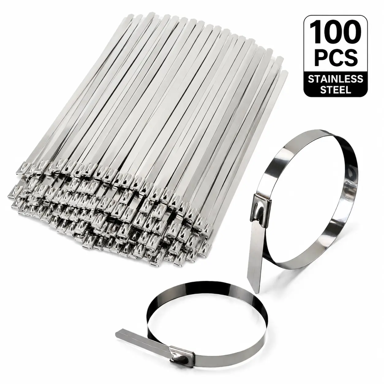 100PCS Stainless Steel Cable Ties, Heavy Duty Self Locking Metal Zip Ties, Rust Resistant Wire Ties for Automotive, Outdoor, Industrial Use
