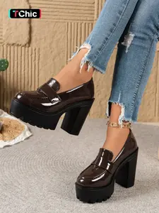 Trendy Classy Y2K Women Platform Loafers Patent Leather Chunky Heel High Heels Slip On Closed Toe Fashion Footwear