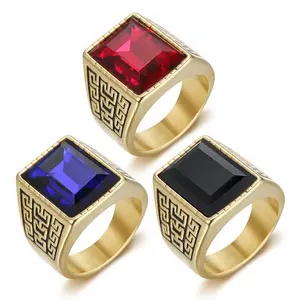 Men's Retro Hip Hop Rhinestone Decorated Ring - High-End Geometric Synthetic Zircon Stainless Steel Accessory, Vintage Rainbow Crystal Cube, Blue Zircon Everyday Fashion Jewelry,summerwins