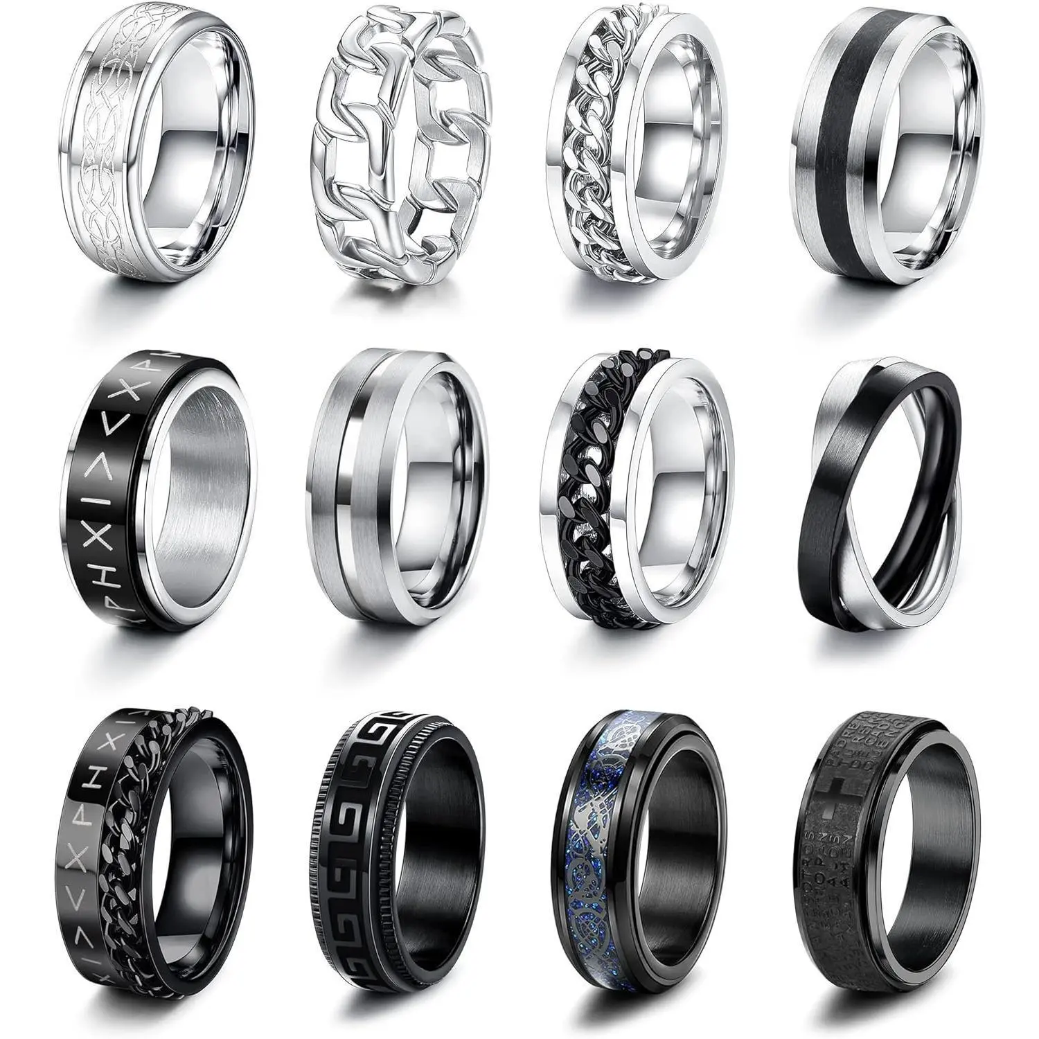 FLORIDECO 12PCS Unisex Stainless Steel Stress Stackable Band Rings - Handmade Jewelry with Chain Motif Fidget Spinning Chain, Anxiety Aid, Simple Design, Daily Wear Accessory, Stress Rings, Stackable Ring