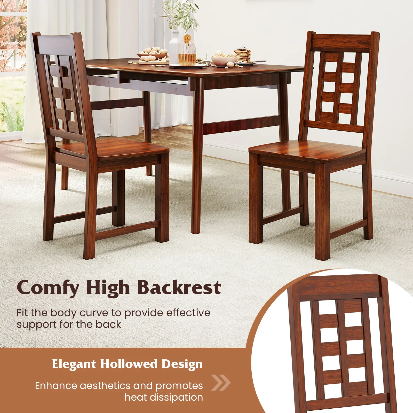 COSTWAY - Wooden Dining Chairs Set of 2 Kitchen Chair with Solid Rubber Wood Frame-Walnut