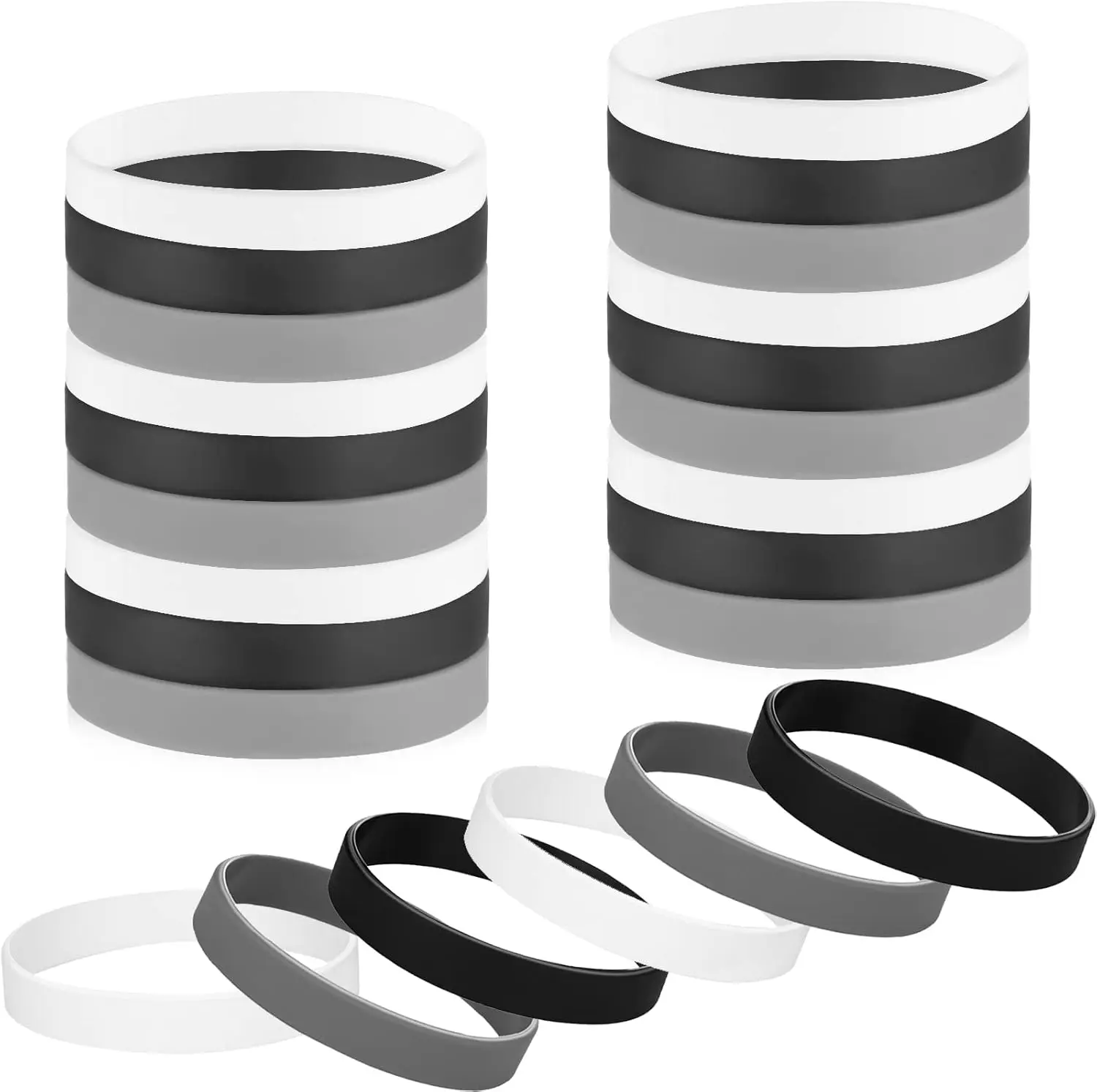 24 Pack Blank Rubber Wristbands for Men & Women, 8 Inch Solid Color Casual Bands, 0.5 Inch Wide Elastic Party Favors in Black, White & Grey, Wrist Bands, 8 Inches Circumference