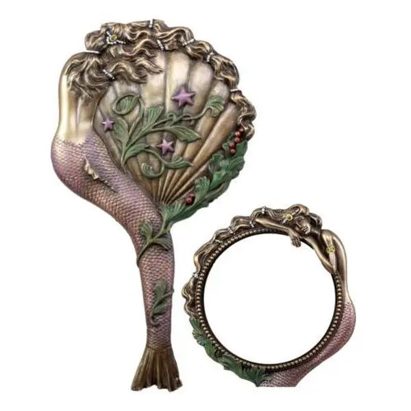 Aurora Sleeping Mermaid Hand Held Mirror Figurine, 10.5" Tall Art Nouveau Home Decor Statue with 4.5" Diameter & 5.75" Long Design
