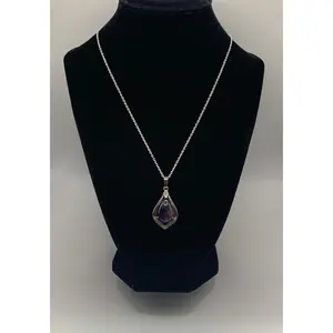 Natural Amethyst Pendant Necklace, Silver Rhinestone Gemstone Necklace, Calming, Healing