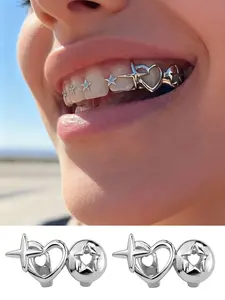 2pcs Top Tooth Caps，Women's Teeth Grillz Set, Hollow Heart Star Design, Copper Material, Hip Hop Fashion Jewelry, Tooth Gems, Teeth Kit