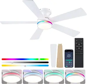 46" Flush Mount RGB Ceiling Fans with Lights - White Low Profile Ceiling Fan Light with Remote/APP, RGB+3CCT 6 Wind Speeds and Reversible, Modern Fan Light Fixture for Party, Kids's Room