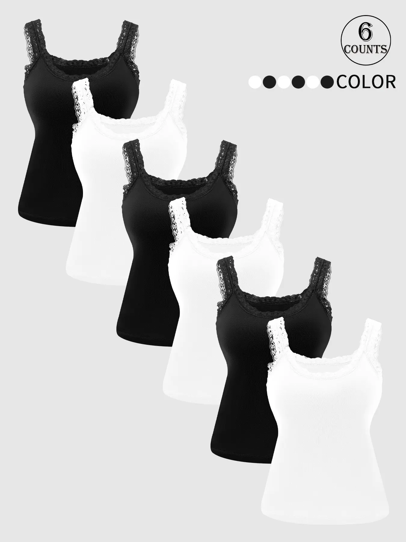6pcs women sleeveless high stretch basic Casual Camis tank top underwear with lace trim round neck soft skin friendly fabric built in lining for layering or outerwear Womenswear