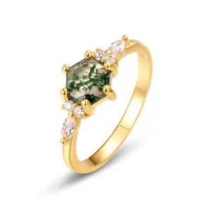 Dainty Delicate 925 Sterling Silver Zircon CZ Ring Gold Filled Rhombus Shaped Natural Moss Agate Gemstone Ring Valentine Gift for Girlfriend mossagate jewelry mossagate jewelry