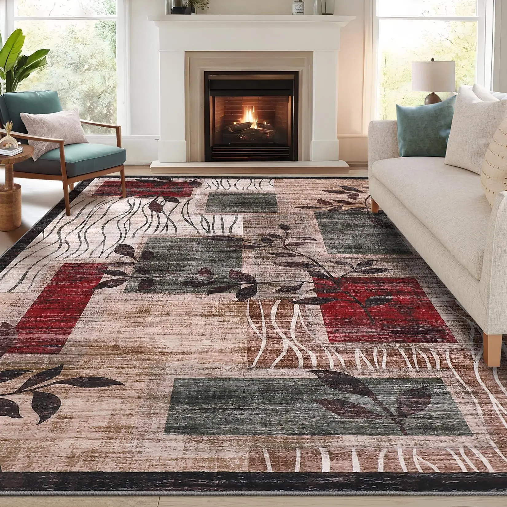 GARVEE Washable Rug 8x10 Area Rugs for Living Room Bedroom Geometric Carpet Floral Rug Stain Resistant Rug Non-Slip Ultra-Soft Room Decor Plaid Rug for Dining Room Guest Room Office Farmhouse 8x10