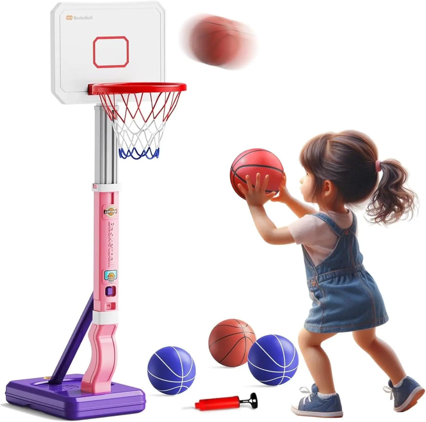 Pink Kids Basketball Hoop - Adjustable 6-Level Height Stand Pole Goal Board, 4-Balls Set, Portable Sports Toy for 3-12 Years Girls, Christmas/Father’s Day Gifts, Indoor/Backyard Play