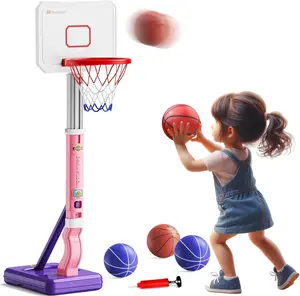 Kids Basketball Hoop, Adjustable Height Goal Board Stand, Indoor Outdoor Toddler Classic Sports, Mini Portable Backyard Game 4-Balls Set, Boy Girl Toy Gift Adult Poolside Party Play, PINK