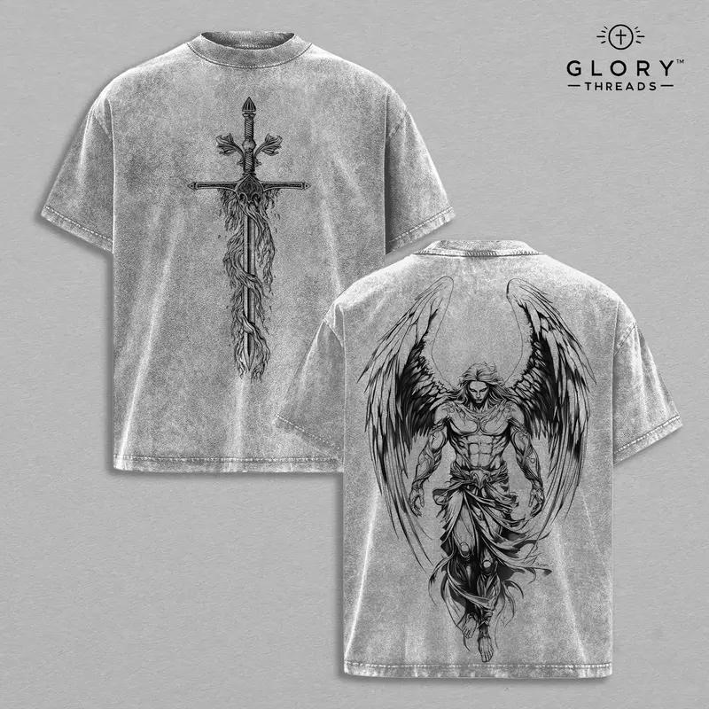 Saint Michael The Archangel x Flaming Sword T-Shirt Washed Christian Shirt, Aesthetic Clothes ,Scales of Justice , Jesus Tees, Christian Merch, Archangel Michael Tees ,Outfit Church