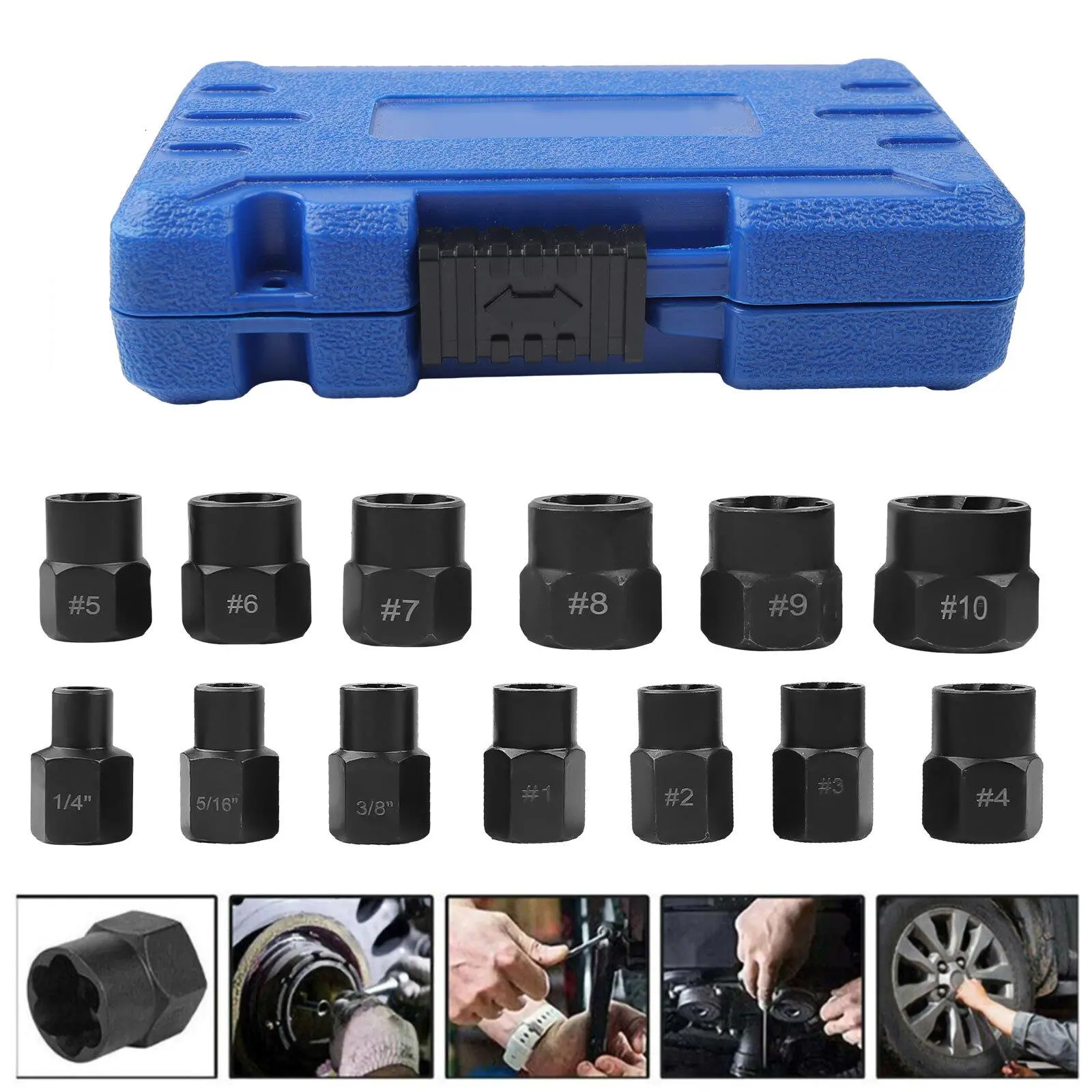 Heavy‑Duty Bolt & Nut Extractor Socket Set 13‑Pcs, 8‑19mm Metric Sizes, Spiral Teeth Non‑Slip Grip, 3/8" Drive for Impact Wrench, Remove Rusted Stripped Bolts for Garage Mechanic and Household Repair Work
