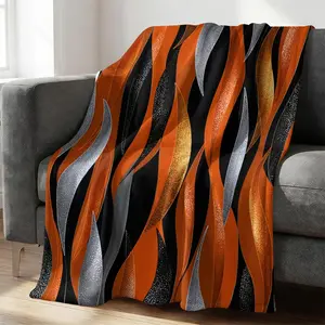 Luxury Abstract Flame Print Flannel Blanket, Orange Black and Gold Color with Flowing Lines, Soft Warm Lightweight, Unique Sofa Bed Decor Office Nap Throw Travel Camping Cover Blanket, Gift Choice