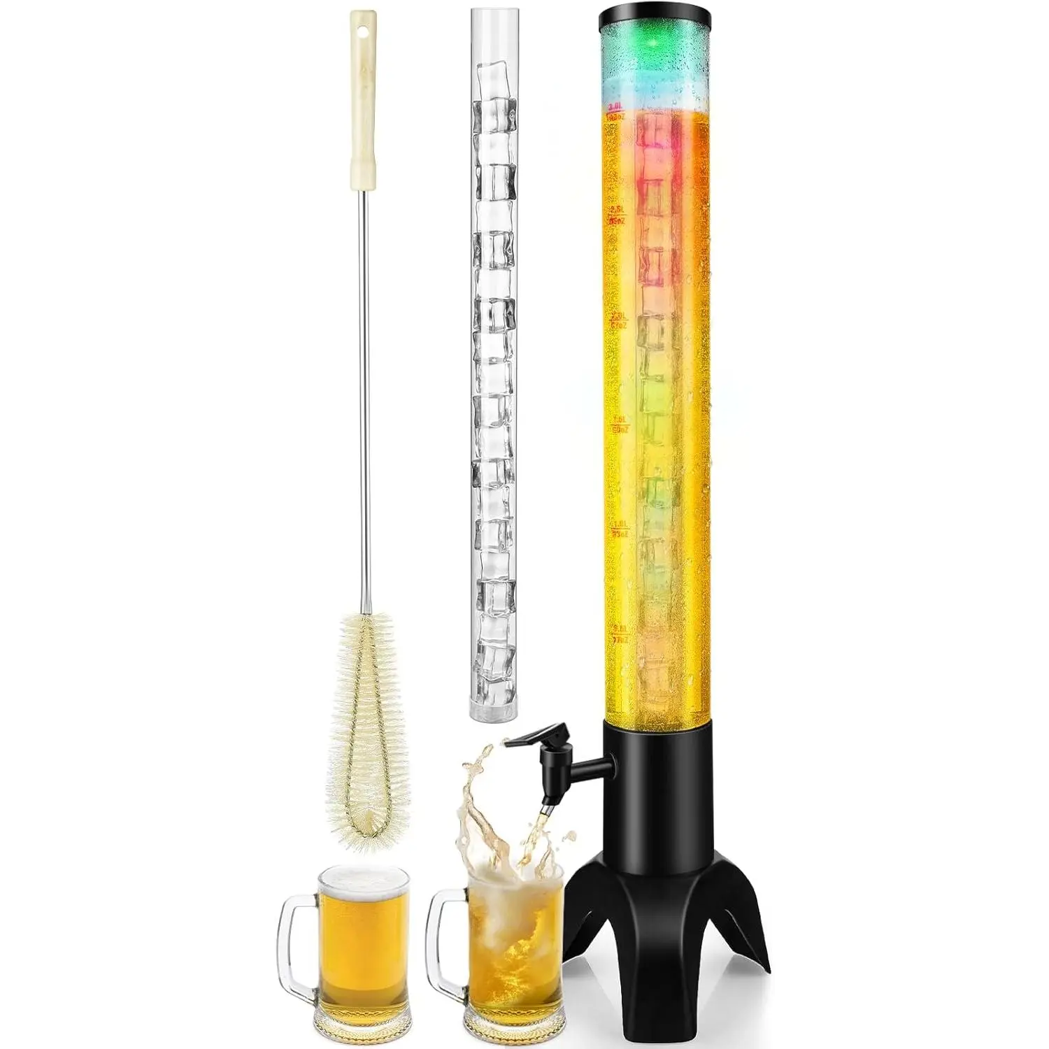 100oz/50oz Thick Durable Transparent Large Mimosa Tower Dispenser - 3L Bar & Kitchen Utensil with Ice Tube, LED Light, Ice Storage (1pc) for Parties, 100/ 3L Mimosa Tower Dispenser With Ice Tube And Led Light