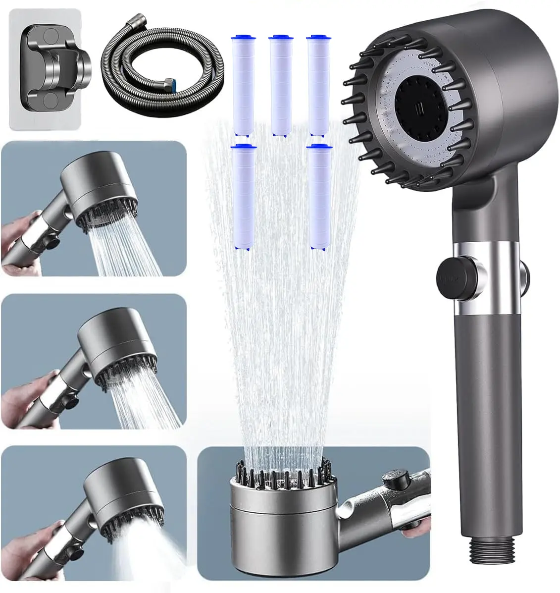 Turbo High Pressure Shower Head with 5 Filters + Hose & Bracket | Hard Water Filter Shower Head for Low Pressure – Removes Chlorine & Scale, Saves Water & Energy, Modern Spray Shower for Bathroom with 4 Modes & Pet-Friendly Design