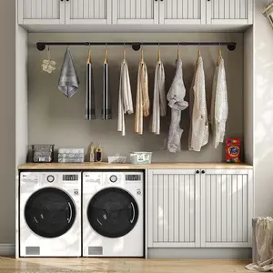 72'' Black Industrial Iron Pipe Wall-Mounted Clothes Rack, Laundry Room Storage Organiser with Hanging Rod, Hanger Installation Shelf, Metal Garment Holder