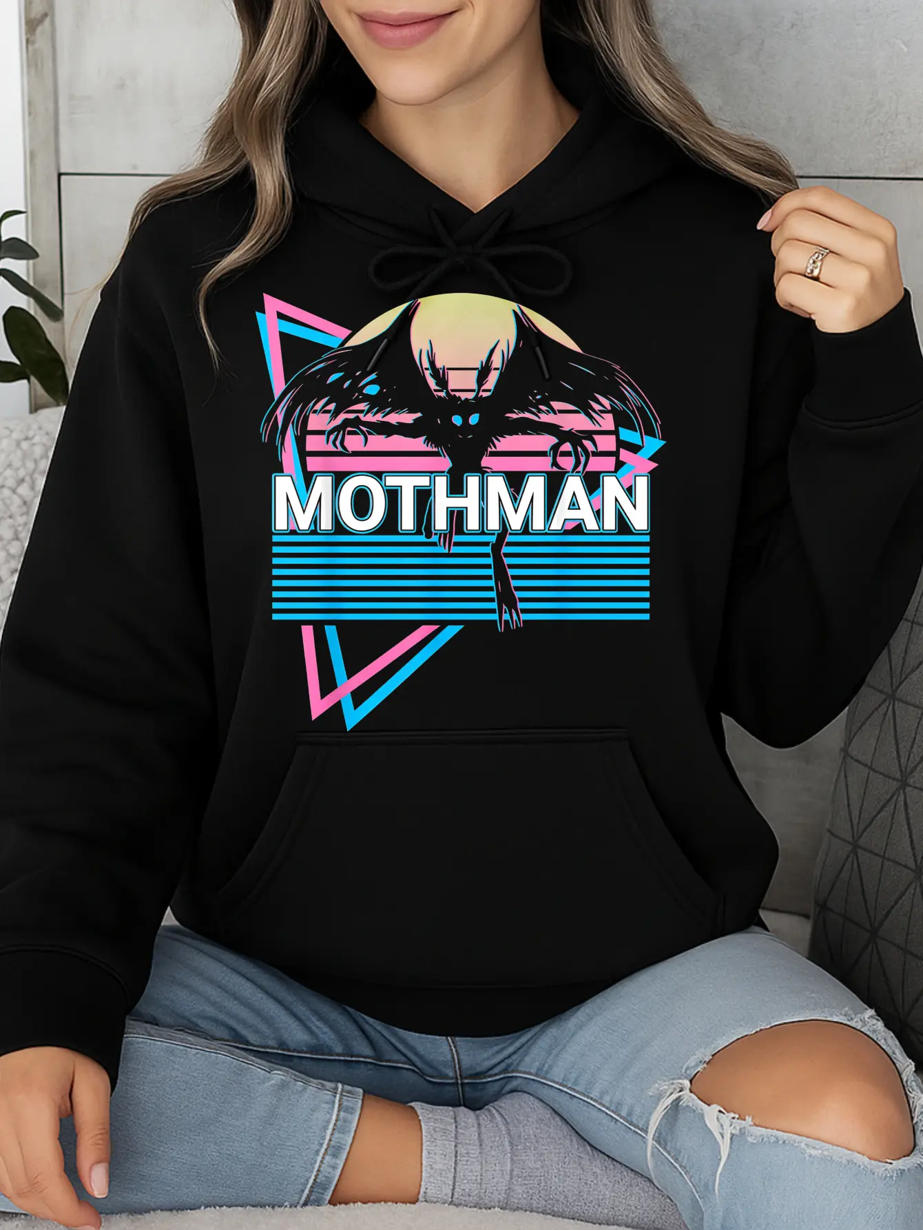 Mothman Hoodie Black Casual Wear Personalized Unisex Women Winter Cozy Fleece Hooded Long Sleeve Suitable For All Outfits Made In Usa