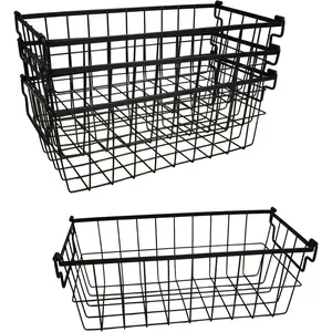 ARTAWEIN 4 Pack Freezer Organizer Bins for Chest Freezer - 14.6" Deep Stackable Metal Wire Baskets with Handles - Large Pantry Storage Bins for Kitchen Cabinet, Refrigerator & RV Organization - Black