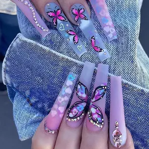 Butterfly & Heart Pattern Fake Nails, Long Square False Nails for Women & Girls DIY Nail Art, Effortless Press on Nails Manicure Set