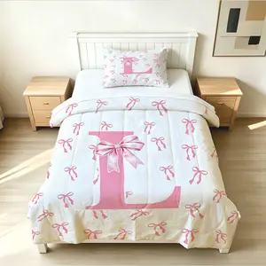 2/3Pcs Bow Letter Printed Comforter Set, Minimalist Bedding Set, Soft Polyester Fabric, Quilted Design, Warm and Comfortable, Fade Resistant, Suitable for Bedroom Decoration, Filled (Pillow Insert Not Included)