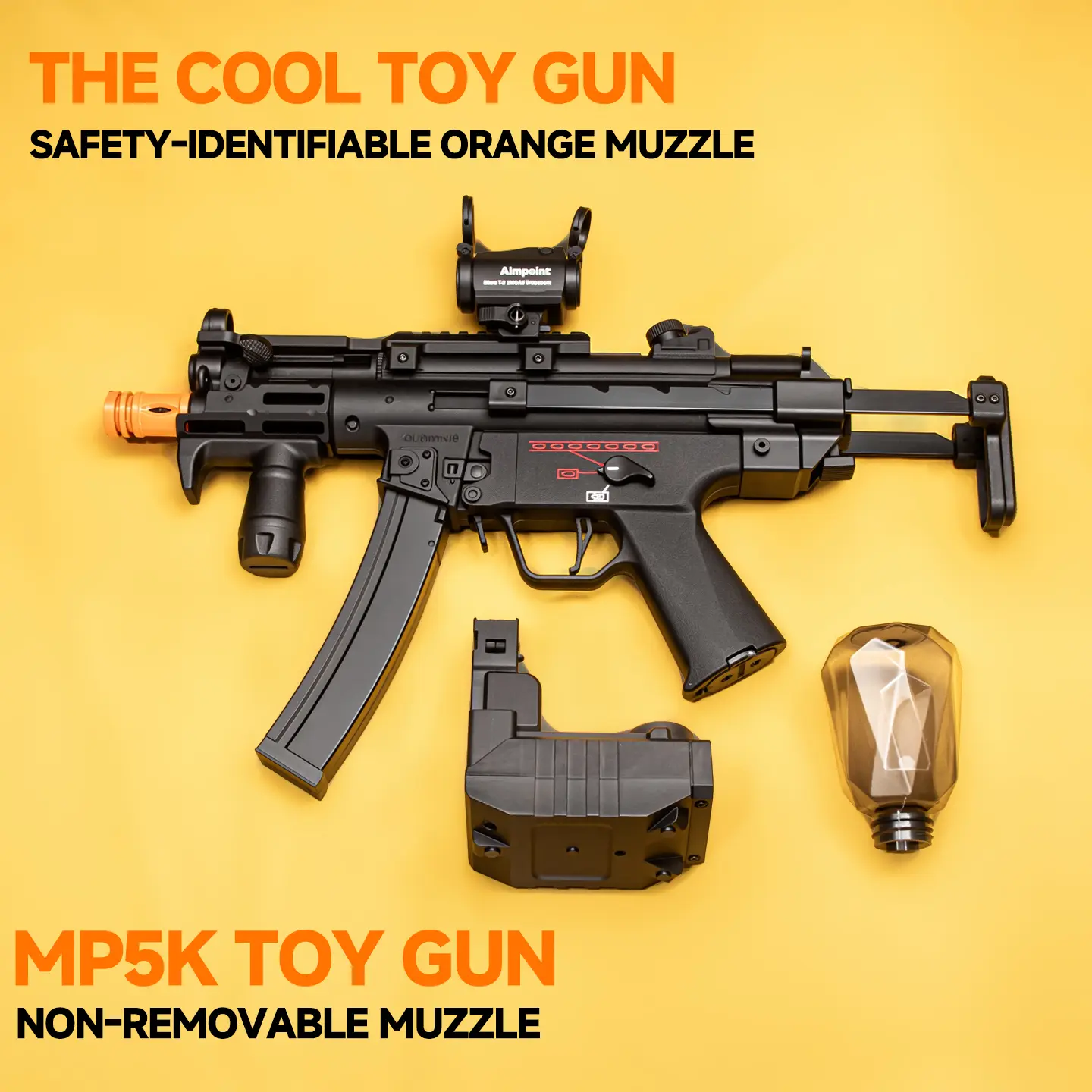 Electric feed Gel Ball Toy MP5,with a non-removable orange muzzle, Realistic Look Electric feed Gel Ball Toy MP5,with a non-removable orange muzzle, Realistic Look