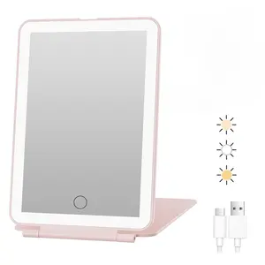 Foldable Portable LED 3 Color Light Makeup Mirror with Lights, Adjustable Brightness, High Definition, Travel Essential, Desk Foldable Gift