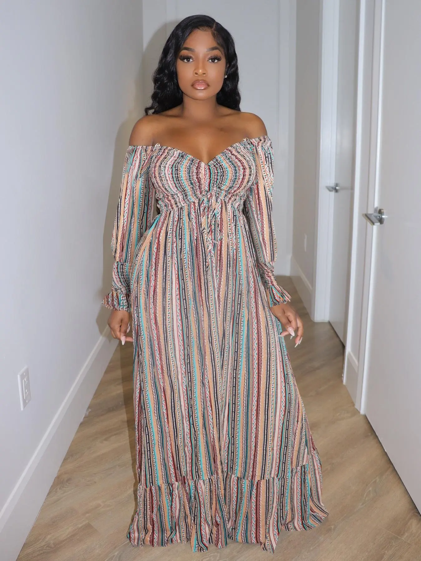 Women's Off Shoulder Striped Boho Printed Dress, Elegant Fashion Casual Womenswear Dress for Daily Outdoor Wear, Women Dress for Spring Fall