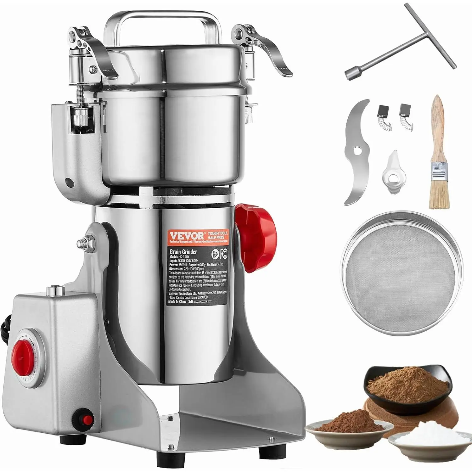 1500W High-Speed Swing-Type Electric Grain Mill Grinder Kit - 300g Stainless Steel Pulverizer with Sieve, Lid, Sharp Blades, Digital Display, Commercial Kitchen Tool for Dry Grains, Spices, Coffee