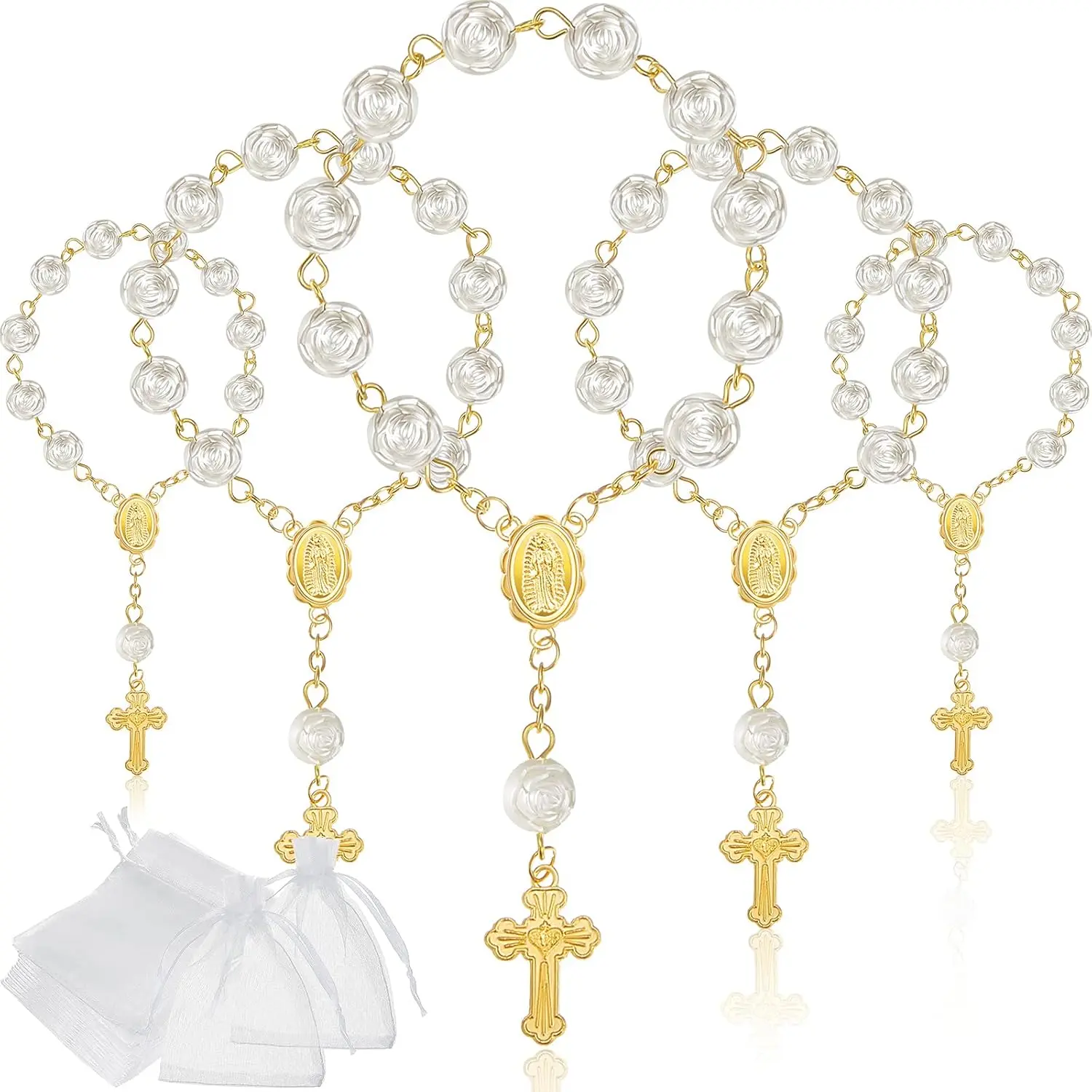 30-Pack Mini Rosary Prayer Beads, Acrylic Souvenirs with Sturdy Metal Chain & Iconic Guadalupe Accents, Religious Decorations for Baptism & Communion Favors, Includes Gift Bags, Decoration, Transparent