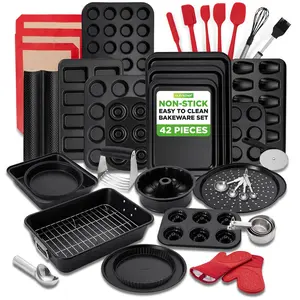 42-Piece Nonstick Bakeware Set + Water Bottle - Complete Carbon Steel Baking Pans & Utensils Sets for Home Baking - Oven Safe, BPA-Free & Leakproof - Everyday Use Kitchen Essentials - Perfect Baking Results