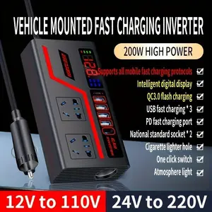 200w Car Inverter, 12V/24v to 110v/220v Power Converter, LCD Display, 4 USB Ports, Fast Charging, USB Smart Charger, Compact Size, Modern Car Charger
