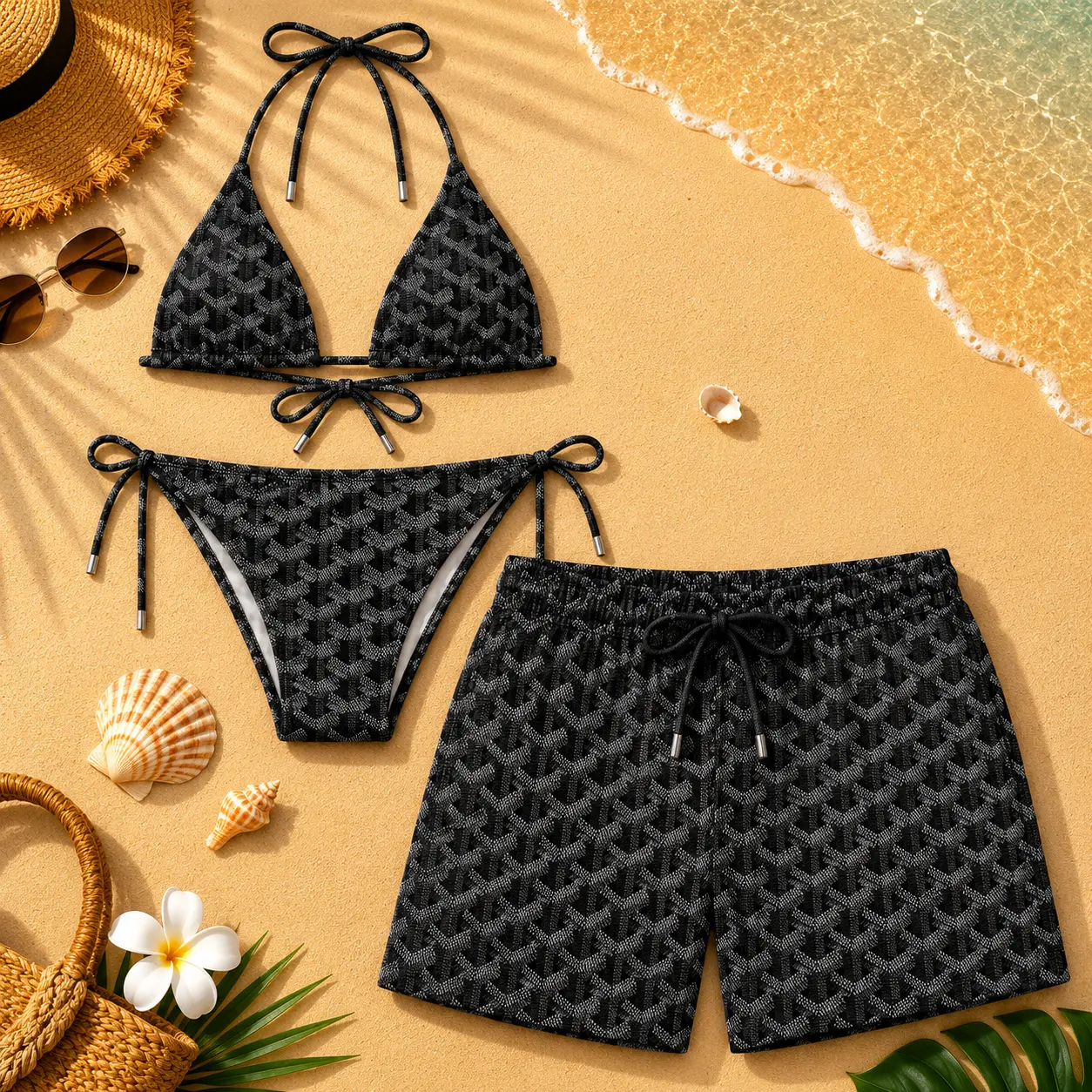 Black Geometric Couple Matching Swimsuits – Women’s Bikini Set & Men’s Swim Shorts, Trendy Beachwear for Pool, Vacation & Summer Style