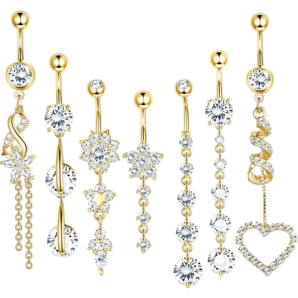 7 Pcs 14G Dangle Belly Button Rings for Women 316L Surgical Steel Curved Navel Barbell Body Jewelry Piercing