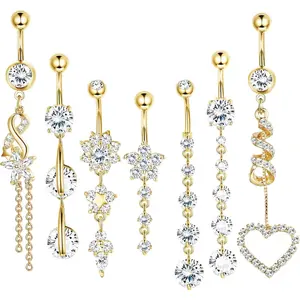 7 Pcs 14G Dangle Belly Button Rings for Women 316L Surgical Steel Curved Navel Barbell Body Jewelry Piercing