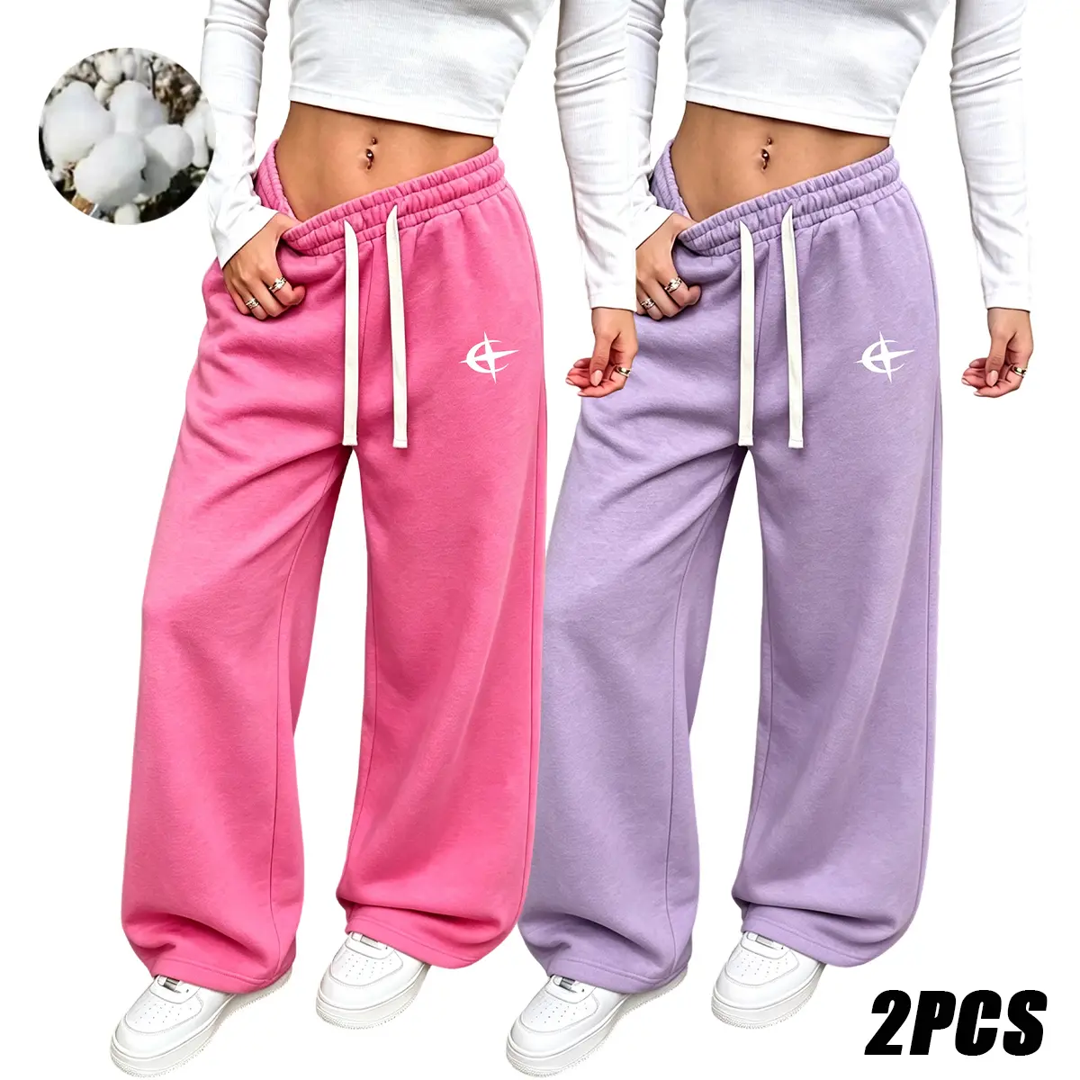 Women's 2-Pair Slimming Casual Sweatpants-Joggers, Loose-Fit American Straight-Leg Bottoms, Comfortable Wide-Leg Loungewear for Spring-Autumn Home & Outdoor Everyday Use, Bottom, Minimalist