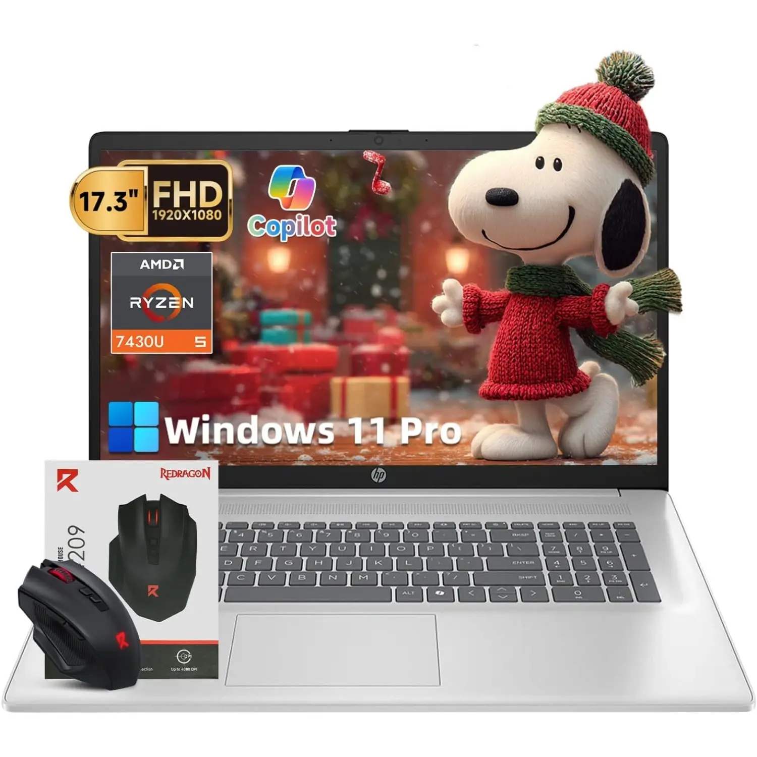 HP 17 inch laptops, AMD Ryzen 5 7430U(Beats i7-1165G7), 16GB RAM 512GB NVMe SSD Windows 11 Pro, 17.3" FHD IPS, Copilot AI, Numeric Keyboard, Type-c, Free Mouse