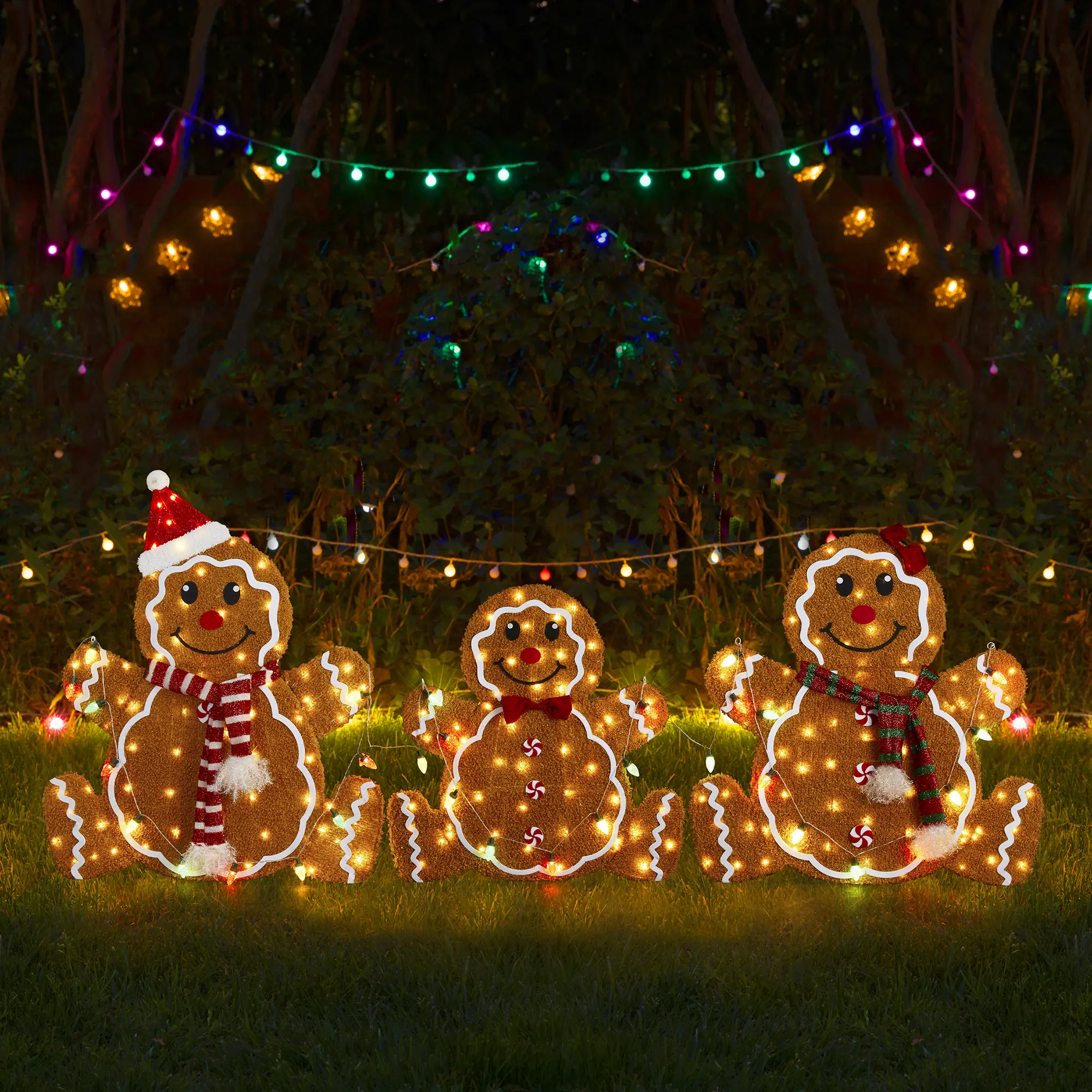 Glitzhome 3-Piece Modern 2D Fabric Lighted Gingerbread Family Outdoor Decor, Christmas Decorations with Colorful Bulbs & 260 Warm White LED Lights, Festive Gingerbread Ornament Holiday Decor, Ornaments