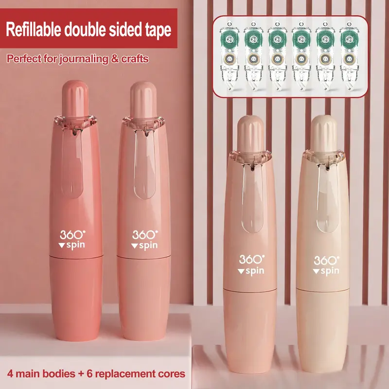 Double-sided tape pen, Greplaceable refills,Glue tape pen, dot-shape glue,4 main bodies + 6 refills, gradient color, perfectfor doing junk journal or school project